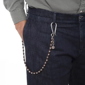 CatDandy Street - shop online - accessori uomo - catena per portafoglio da uomo per pantaloni - perle di legno perle zigrinate placcate argento - pendaglio con monetina - Tajumena portafoglio per pantaloni uomo con legno e minuterie zigrinate, corredata di pendaglio Dandy Street - shop online - accessori uomo - catena per portafoglio da uomo per pantaloni - perle di legno perle zigrinate placcate argento - pendaglio con monetina - Tajum